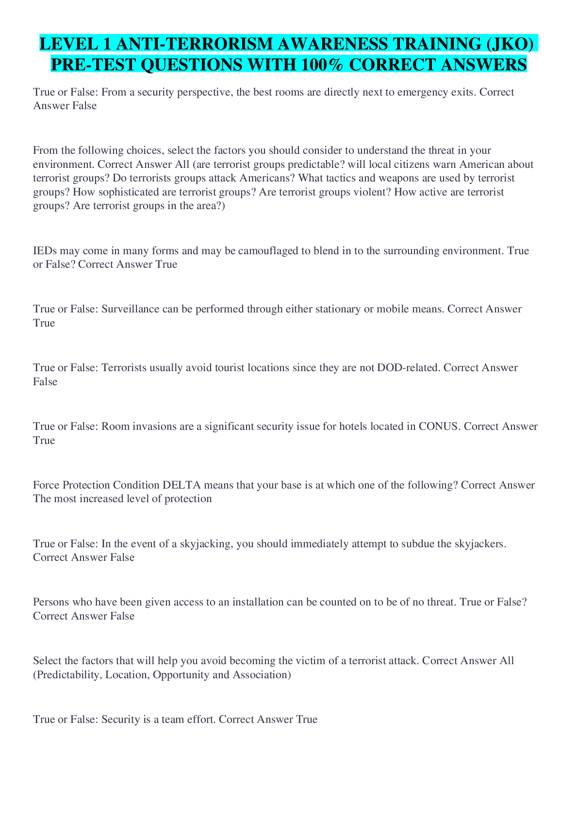 Preview image for LEVEL 1 ANTI-TERRORISM AWARENESS TRAINING (JKO) PRE-TEST QUESTIONS WITH 100% CORRECT ANSWERS